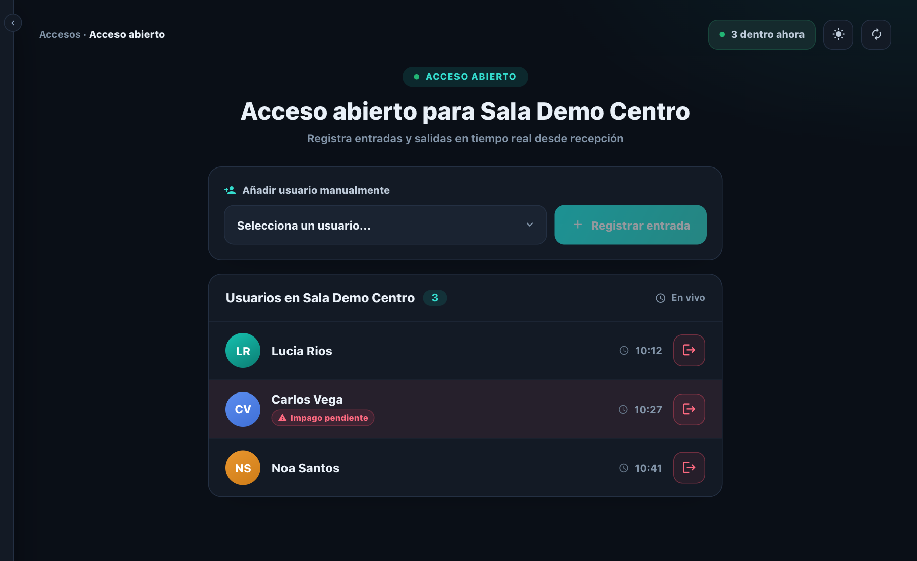 Pantalla de GymGym con los socios que están dentro del centro en tiempo real