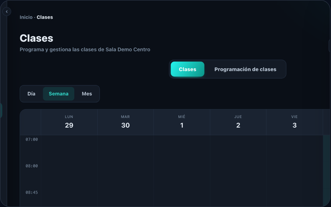 Captura del calendario de clases con reservas de prueba en GymGym