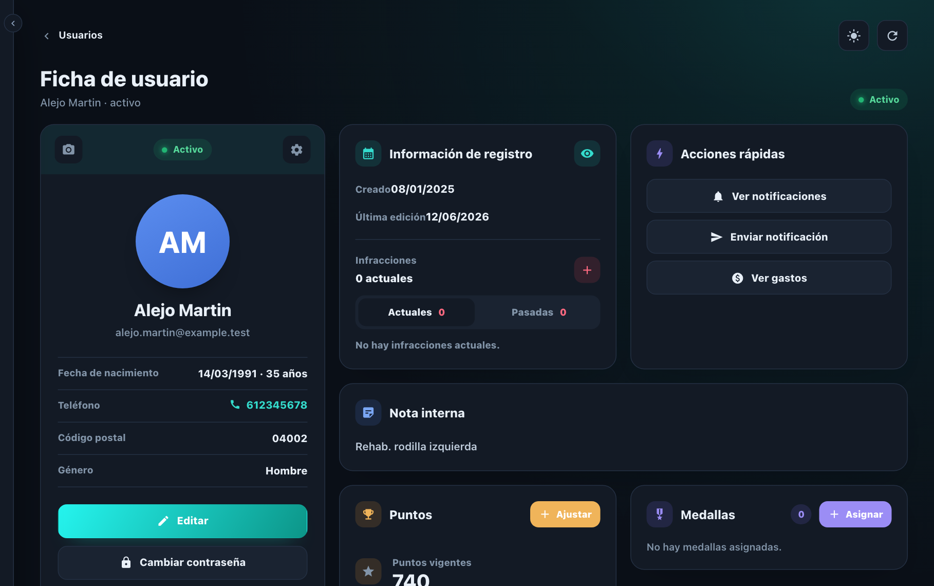 Captura de ficha de socio con datos de prueba en GymGym