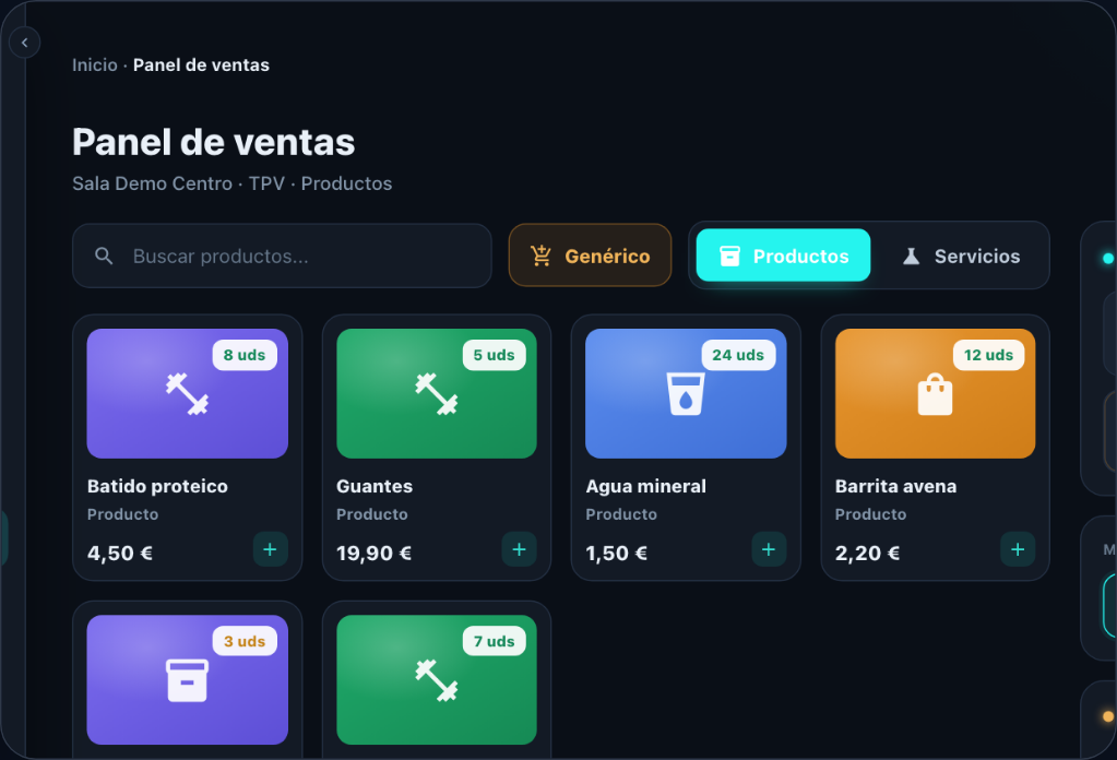 Captura del panel de ventas con productos de prueba en GymGym