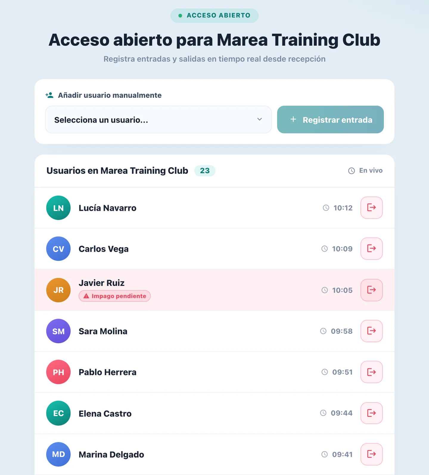 Registro de accesos en directo de GymGym con entradas, horas y avisos