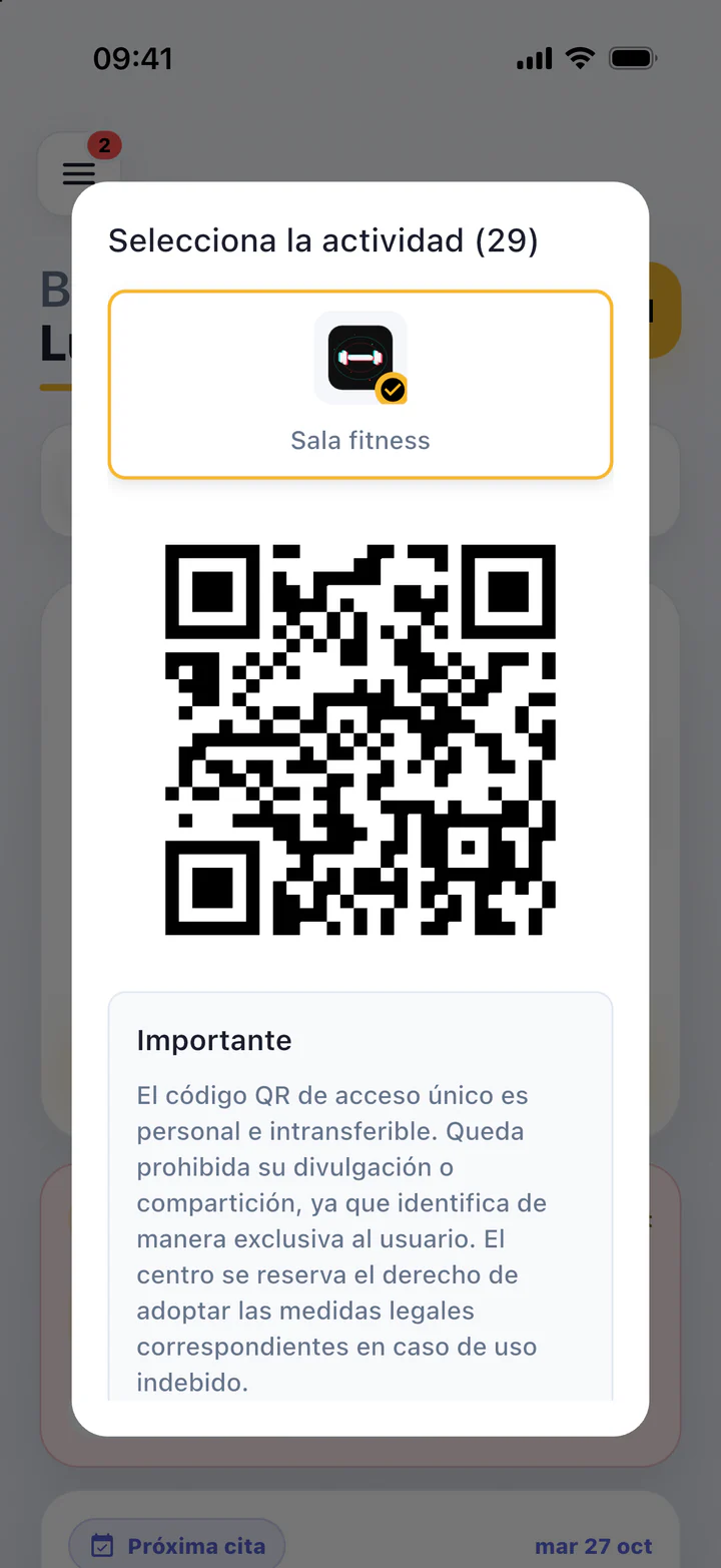 App del socio de GymGym con el QR de acceso