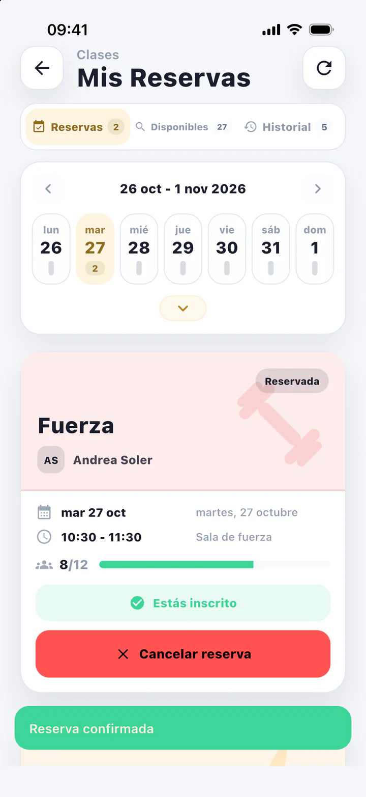 Member app: the class shows “You are in” and a “Booking confirmed” message