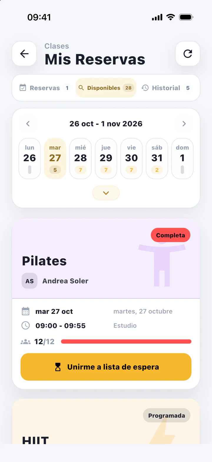 App del socio de GymGym con las clases de la semana