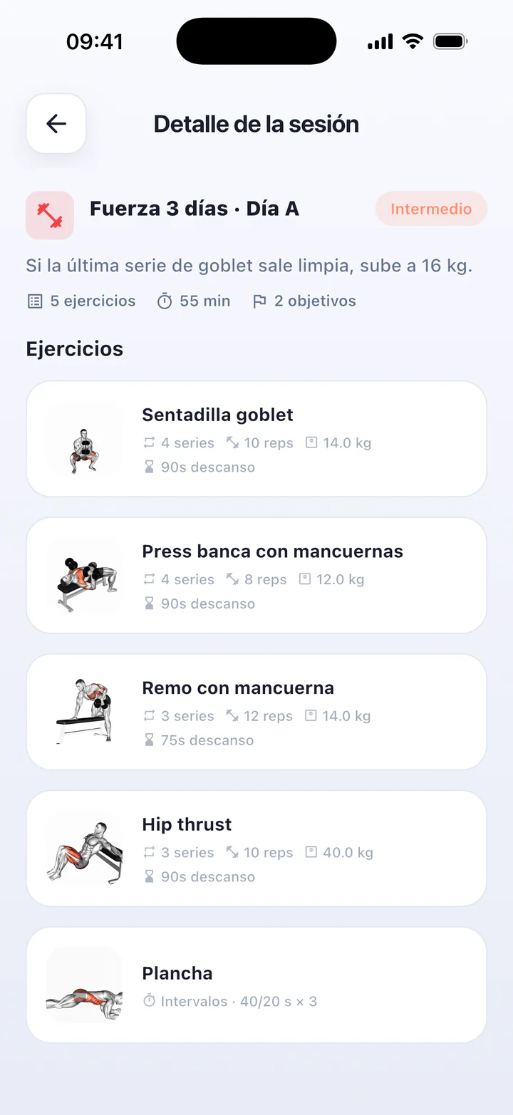 App del socio de GymGym con el entrenamiento de hoy