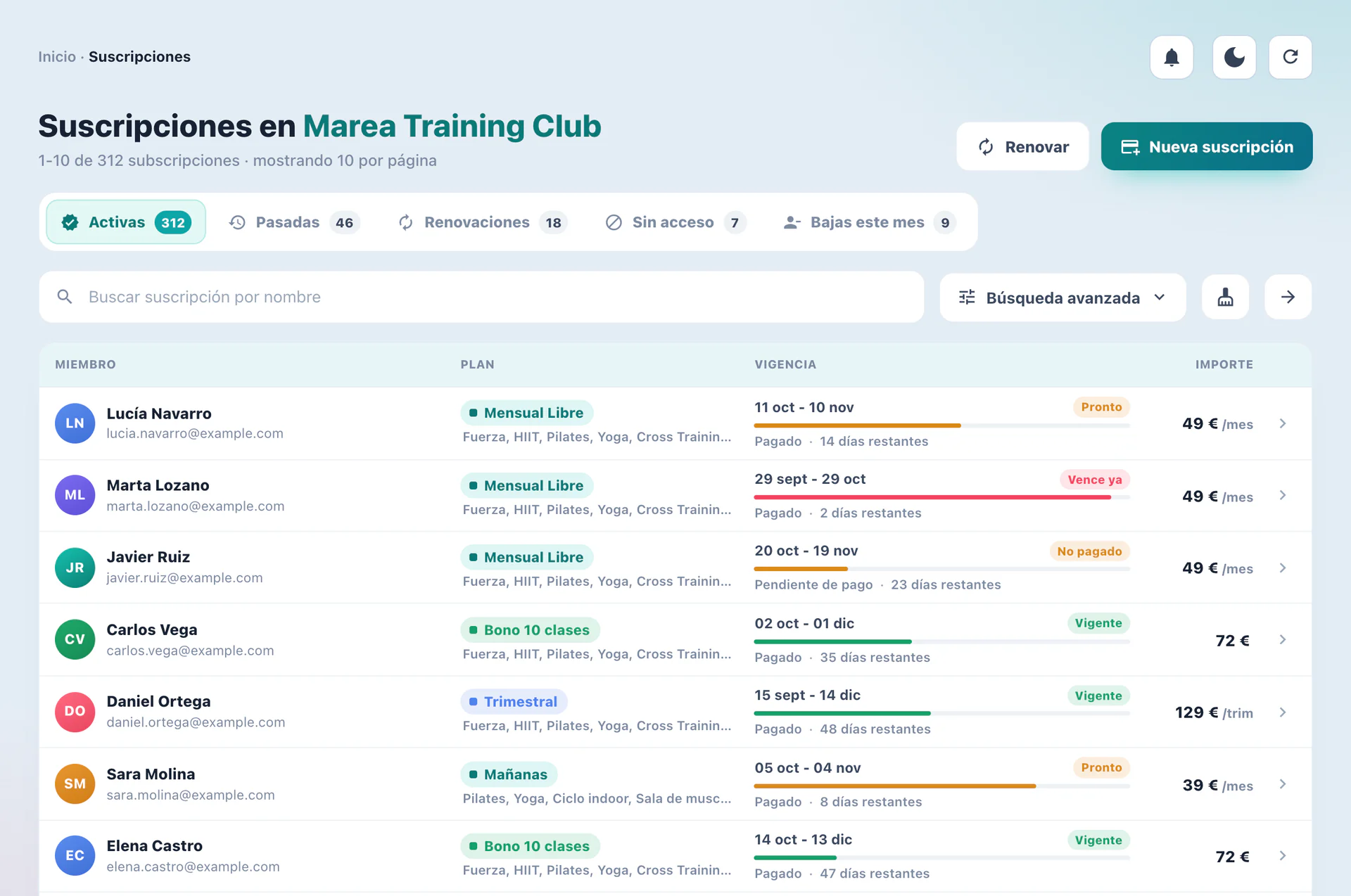 GymGym membership list with active, expiring and unpaid memberships