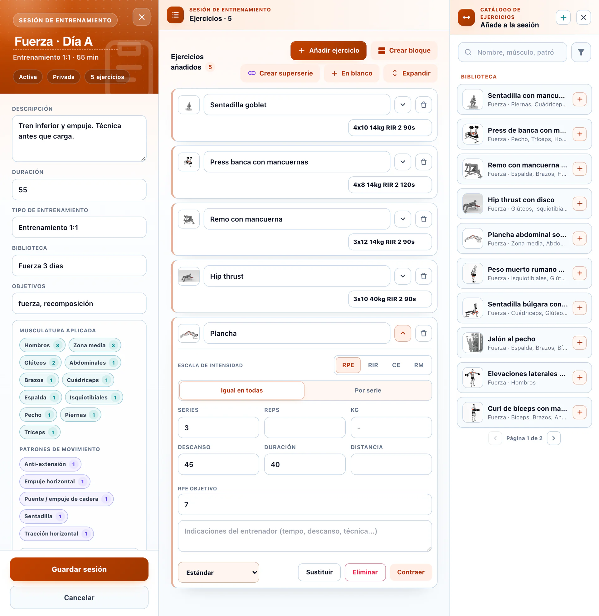 GymGym session builder with the Day A exercises, sets and reps